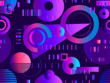 Siber punk tarzında, geometrik, pürüzsüz desen. 80 'lerin tarzında değişken fütüristik geometrik şekiller. Sancaklar, promosyon ürünleri ve posterler için sentetik dalga ve retrodalga tasarımı. Vektör illüstrasyonu