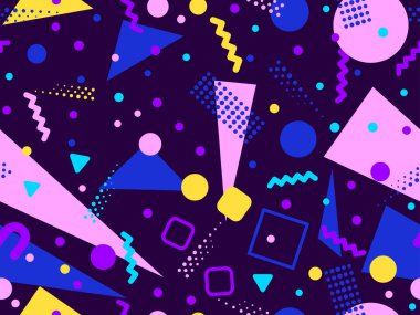 80 'lerin tarzında, geometrik şekilli, kusursuz Memphis deseni. Renkli geometrik desen. Promosyon ürünleri tasarımı, ambalaj kağıdı ve baskı. Vektör illüstrasyonu