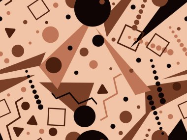 80 'lerin tarzında, geometrik şekilli, kusursuz Memphis deseni. Renkli geometrik desen. Promosyon ürünleri tasarımı, ambalaj kağıdı ve baskı. Vektör illüstrasyonu