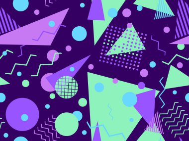 80 'lerin tarzında, geometrik şekilli, kusursuz Memphis deseni. Renkli geometrik desen. Promosyon ürünleri tasarımı, ambalaj kağıdı ve baskı. Vektör illüstrasyonu