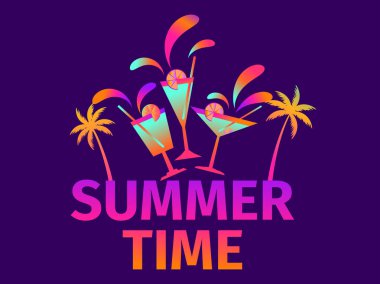 Şemsiyeli ve meyve dilimli alkollü kokteyller. Alkolik kokteyller ve palmiye ağaçları posteri. Yaz zamanı. Afişler, posterler ve promosyon ürünleri için tasarım. Vektör illüstrasyonu