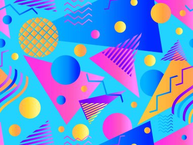 Geometrik gradyan şekilli kusursuz Memphis deseni. 80 'lerin tarzında renkli geometrik desen. Afişler, promosyon ürünleri ve posterler için tasarım. Vektör illüstrasyonu