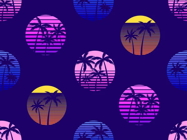 Sol Retro Con Palmeras Estilo Patrón Sin Costuras Palmeras Atardecer — Archivo Imágenes Vectoriales