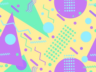 80 'lerin tarzında, geometrik şekilli, kusursuz Memphis deseni. Renkli geometrik desen. Promosyon ürünleri tasarımı, ambalaj kağıdı ve baskı. Vektör illüstrasyonu