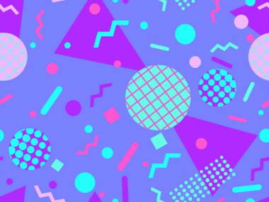 80 'lerin tarzında, geometrik şekilli, kusursuz Memphis deseni. Renkli geometrik desen. Promosyon ürünleri tasarımı, ambalaj kağıdı ve baskı. Vektör illüstrasyonu