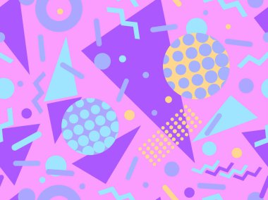 80 'lerin tarzında, geometrik şekilli, kusursuz Memphis deseni. Renkli geometrik desen. Promosyon ürünleri tasarımı, ambalaj kağıdı ve baskı. Vektör illüstrasyonu