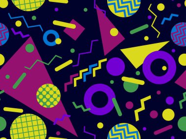 80 'lerin tarzında, geometrik şekilli, kusursuz Memphis deseni. Renkli geometrik desen. Promosyon ürünleri tasarımı, ambalaj kağıdı ve baskı. Vektör illüstrasyonu