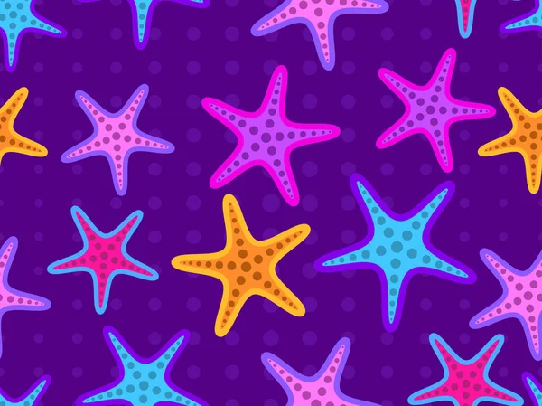 Colorido Patrón Estrellas Mar Inconsútil Fondo Violeta Siluetas Estrellas Mar — Vector de stock