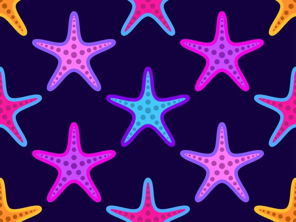 Färgglada Sjöstjärnor Sömlös Mönster Violett Bakgrund Sjöstjärnor Silhuetter Tecknad Stil — Stock vektor