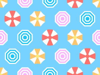 Plaj şemsiyeleri, üst manzara, pürüzsüz desen. Plajdaki güneş şemsiyeleri düz stil. Posterler, afişler ve promosyon malzemeleri için tasarım. Vektör illüstrasyonu