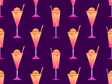 Şemsiyeli kokteyl. 80 'lerin tarzında dikişsiz. Şemsiyeli ve limonlu alkollü kokteyller. Bar menüleri, reklam malzemeleri ve afişler için tasarım. Vektör illüstrasyonu