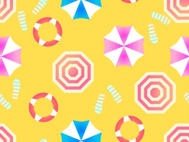 Plaj şemsiyeleri ve parmak arası terlikler, üst görünüm kusursuz desen. Plajdaki güneş şemsiyeleri düz bir şekilde eğimli. Posterler, afişler ve promosyon malzemeleri için tasarım. Vektör illüstrasyonu