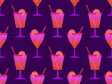 Şemsiyeli kokteyl. 80 'lerin tarzında dikişsiz. Şemsiyeli ve limonlu alkollü kokteyller. Bar menüleri, reklam malzemeleri ve afişler için tasarım. Vektör illüstrasyonu