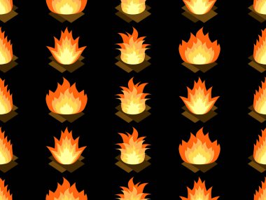 Kusursuz bir şekilde ateş edin. Siyah arka planda düz bir alev. İkonları ateşle. Baskı, afişler ve ambalaj kağıtları için tasarım. Vektör illüstrasyonu