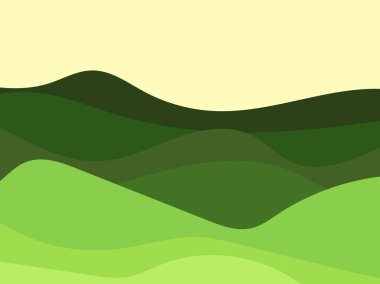 Yeşil dalgalı tepeleri olan minimalist bir manzara. Dalgalı çayırlar ve tepeler. Posterler, afişler, broşürler ve promosyon ürünleri için tasarım. Vektör illüstrasyonu