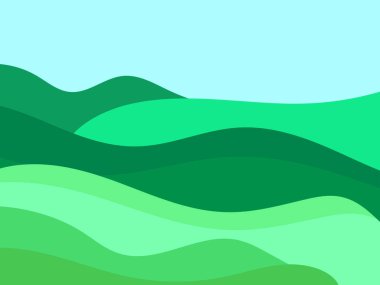 Yeşil dalgalı tepeleri olan minimalist bir manzara. Dalgalı çayırlar ve tepeler. Posterler, afişler, broşürler ve promosyon ürünleri için tasarım. Vektör illüstrasyonu
