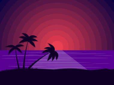 Gün batımında palmiye ağaçları olan plaj manzarası. Eğimli palmiye ağacı. Tropik sahilde gün batımı. Yaz zamanı. Reklam broşürleri, afişler, posterler, seyahat acenteleri için tasarım. Vektör illüstrasyonu