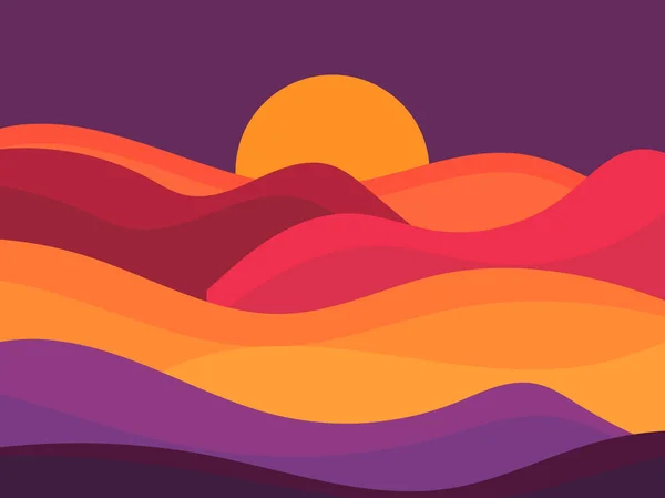 Zonsondergang Tegen Achtergrond Van Een Kleurrijk Woestijnlandschap Een Minimalistische Stijl — Stockvector