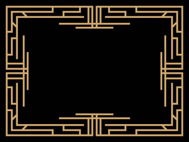 Art deco çerçeve. Klasik doğrusal sınır. Davetiyeler, broşürler ve tebrik kartları için bir şablon tasarla. Geometrik altın çerçeveli. 1920 'lerin tarzı - 1930' lar. Vektör illüstrasyonu