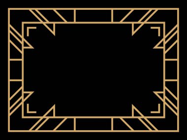 Art deco çerçeve. Klasik doğrusal sınır. Davetiyeler, broşürler ve tebrik kartları için bir şablon tasarla. Geometrik altın çerçeveli. 1920 'lerin tarzı - 1930' lar. Vektör illüstrasyonu
