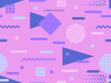 80 'lerin tarzında, geometrik şekilli, kusursuz Memphis deseni. Renkli geometrik desen. Promosyon ürünleri tasarımı, ambalaj kağıdı ve baskı. Vektör illüstrasyonu