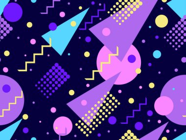 80 'lerin tarzında Memphis elementleriyle geometrik kusursuz desen. Renkli geometrik desen. Promosyon ürünleri tasarımı, ambalaj kağıdı ve baskı. Vektör illüstrasyonu