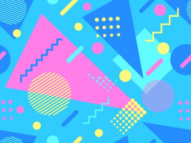80 'lerin tarzında Memphis elementleriyle geometrik kusursuz desen. Renkli geometrik desen. Promosyon ürünleri tasarımı, ambalaj kağıdı ve baskı. Vektör illüstrasyonu