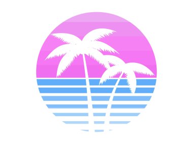 80 'lerin tarzında günbatımında palmiye ağaçlarının birleşimi. Palmiye ağaçları ve beyaz arka planda izole edilmiş renkli güneş. Reklam afişleri ve posterleri basmak için tasarlandı. Vektör illüstrasyonu