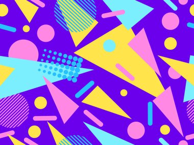 80 'lerin tarzında Memphis elementleriyle geometrik kusursuz desen. Renkli geometrik desen. Promosyon ürünleri tasarımı, ambalaj kağıdı ve baskı. Vektör illüstrasyonu