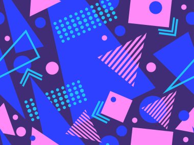 80 'lerin tarzında Memphis elementleriyle geometrik kusursuz desen. Renkli geometrik desen. Promosyon ürünleri tasarımı, ambalaj kağıdı ve baskı. Vektör illüstrasyonu