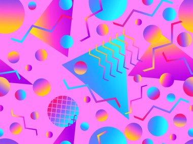 Geometrik gradyan şekilli kusursuz Memphis deseni. 80 'lerin tarzında renkli geometrik desen. Afişler, promosyon ürünleri ve posterler için tasarım. Vektör illüstrasyonu