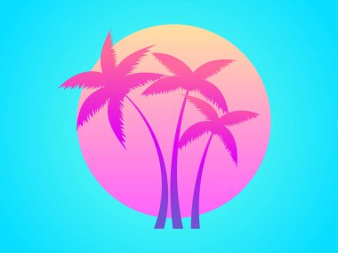 80 'lerin modası geçmiş bilim kurgu tarzında iki palmiye ağacı. Yaz zamanı. Gelecek eğilimli palmiye ağaçları ve güneş. Reklam broşürleri, afişler, posterler, seyahat acenteleri için tasarım. Vektör illüstrasyonu
