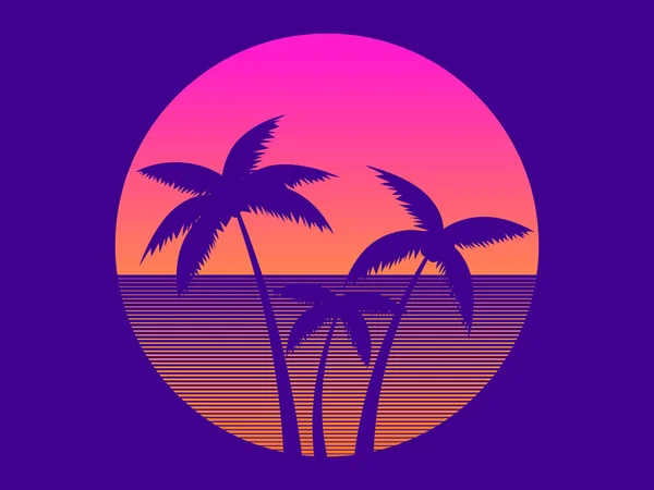 80年代风格的棕榈树日落时的样子 复古未来派阳光与棕榈树的合成波风格 小册子 横幅和海报设计 矢量说明 — 图库矢量图片