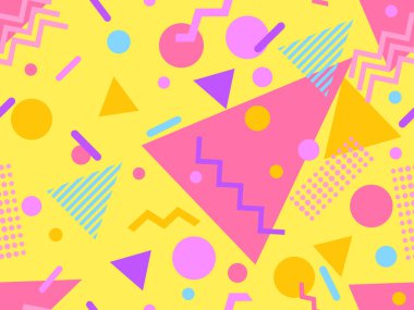 80 'lerin tarzında Memphis elementleriyle geometrik kusursuz desen. Renkli geometrik desen. Promosyon ürünleri tasarımı, ambalaj kağıdı ve baskı. Vektör illüstrasyonu