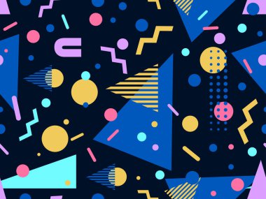 80 'lerin tarzında Memphis elementleriyle geometrik kusursuz desen. Renkli geometrik desen. Promosyon ürünleri tasarımı, ambalaj kağıdı ve baskı. Vektör illüstrasyonu