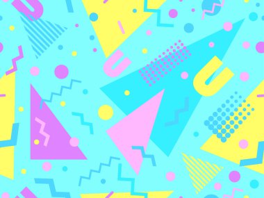 80 'lerin tarzında Memphis elementleriyle geometrik kusursuz desen. Renkli geometrik desen. Promosyon ürünleri tasarımı, ambalaj kağıdı ve baskı. Vektör illüstrasyonu