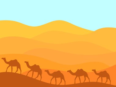 Develerin dış hatlarıyla çöl manzarası. Deve kervanı kum tepeleri arasında minimalist bir şekilde yürüyor. Kitapçıklar, afişler ve posterler için tasarım. Vektör illüstrasyonu