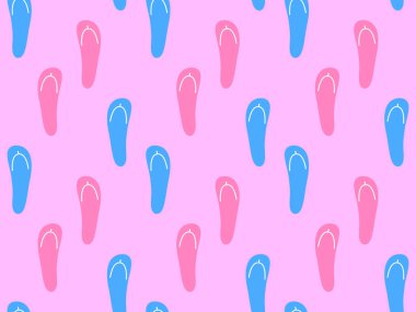 Plaj terlikleri pürüzsüz desen. Pembe arka planda çok renkli parmak arası terlikler. Yaz zamanı. Baskı, pankart ve reklam ürünleri için tasarım. Vektör illüstrasyonu