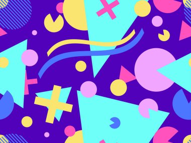 80 'lerin tarzında Memphis elementleriyle geometrik kusursuz desen. Renkli geometrik desen. Promosyon ürünleri tasarımı, ambalaj kağıdı ve baskı. Vektör illüstrasyonu