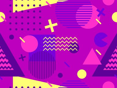 80 'lerin tarzında, geometrik, pürüzsüz desen. Memphis tarzında renkli geometrik şekillere sahip bir arka plan. Promosyon ürünleri tasarımı, ambalaj kağıdı ve baskı. Vektör illüstrasyonu