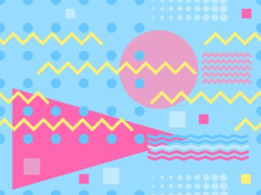 80 'lerin tarzında, geometrik, pürüzsüz desen. Memphis tarzında renkli geometrik şekillere sahip bir arka plan. Promosyon ürünleri tasarımı, ambalaj kağıdı ve baskı. Vektör illüstrasyonu