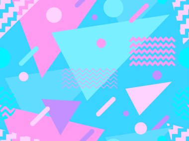 80 'lerin tarzında, geometrik, pürüzsüz desen. Memphis tarzında renkli geometrik şekillere sahip bir arka plan. Promosyon ürünleri tasarımı, ambalaj kağıdı ve baskı. Vektör illüstrasyonu
