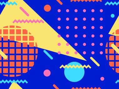 80 'lerin tarzında, geometrik, pürüzsüz desen. Memphis tarzında renkli geometrik şekillere sahip bir arka plan. Promosyon ürünleri tasarımı, ambalaj kağıdı ve baskı. Vektör illüstrasyonu