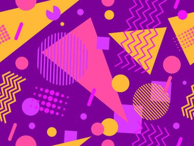 80 'lerin tarzında, geometrik, pürüzsüz desen. Memphis tarzında renkli geometrik şekillere sahip bir arka plan. Promosyon ürünleri tasarımı, ambalaj kağıdı ve baskı. Vektör illüstrasyonu