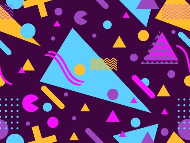 80 'lerin tarzında, geometrik, pürüzsüz desen. Memphis tarzında renkli geometrik şekillere sahip bir arka plan. Promosyon ürünleri tasarımı, ambalaj kağıdı ve baskı. Vektör illüstrasyonu