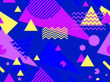 80 'lerin tarzında, geometrik, pürüzsüz desen. Memphis tarzında renkli geometrik şekillere sahip bir arka plan. Promosyon ürünleri tasarımı, ambalaj kağıdı ve baskı. Vektör illüstrasyonu