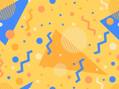 80 'lerin tarzında, geometrik, pürüzsüz desen. Memphis tarzında renkli geometrik şekillere sahip bir arka plan. Promosyon ürünleri tasarımı, ambalaj kağıdı ve baskı. Vektör illüstrasyonu