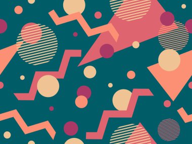 80 'lerin tarzında, geometrik, pürüzsüz desen. Memphis tarzında renkli geometrik şekillere sahip bir arka plan. Promosyon ürünleri tasarımı, ambalaj kağıdı ve baskı. Vektör illüstrasyonu