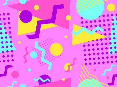 80 'lerin tarzında, geometrik, pürüzsüz desen. Memphis tarzında renkli geometrik şekillere sahip bir arka plan. Promosyon ürünleri tasarımı, ambalaj kağıdı ve baskı. Vektör illüstrasyonu