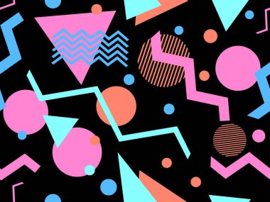 80 'lerin tarzında, geometrik, pürüzsüz desen. Memphis tarzında renkli geometrik şekillere sahip bir arka plan. Promosyon ürünleri tasarımı, ambalaj kağıdı ve baskı. Vektör illüstrasyonu